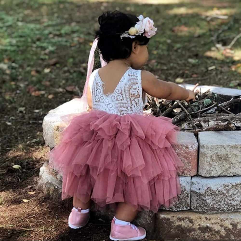 2Bunnies Lace Back A-Line Tiered Tutu Tulle Flower Girl Dress